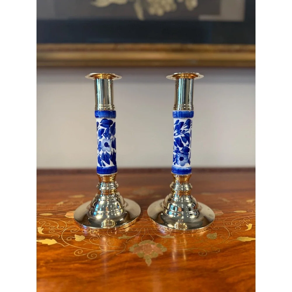 Vintage Blue White Chinoiserie Candlesticks • Brass Candle Holder Pair